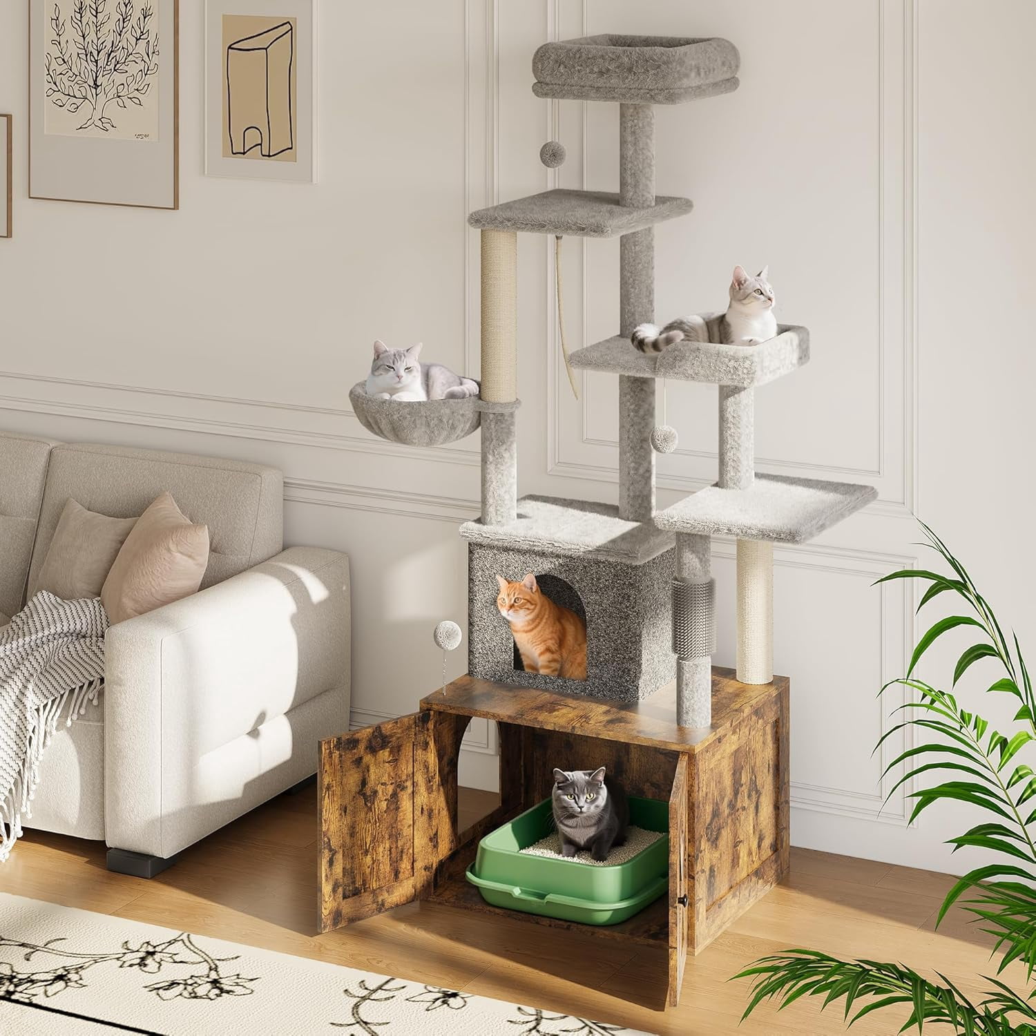 Huisuilinss Cat Tree With Litter Box Enclosure,2-in-1 Cat Tower,Hidden Litter Box Furniture,Wooden Indoor Cat Washroom With Large Condo,Spacious Hammock,Cozy Top Perch,Scratching Post And Balls