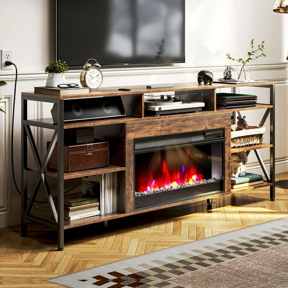 TC-HOMENY Electric Fireplace LED TV Stand, Space Heater for Indoor Entertainment, Center Storage Cabinet for TV Up to 70", with LED Strip Lights, Fit Meeting Room, with Remote Control, Wooden