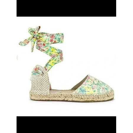 

MANEBI Womens Green Floral Woven Ankle Strap Velenciana Round Toe Platform Lace-Up Leather Espadrille Shoes 36