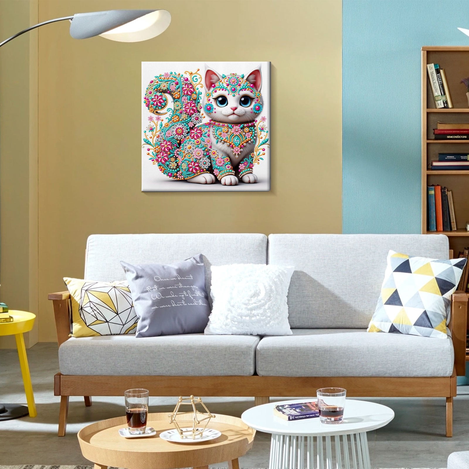 FLOPESN DIY Pearl Painting Kit with Wood Frame, 11.42x11.42 Inch Home Wall Art Decor, Mindful Adult Craft for Stress Relief and Relaxation-Cat-1