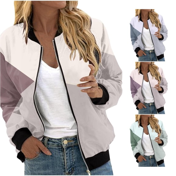 Jane Wardrobe Full Zip Varsity Baseball Jacket for Women, Stand Collar Long Sleeve with Pockets, Casual Lightweight Fall Outerwear, 1 Piece, S-XXL, Plus Size Friendly