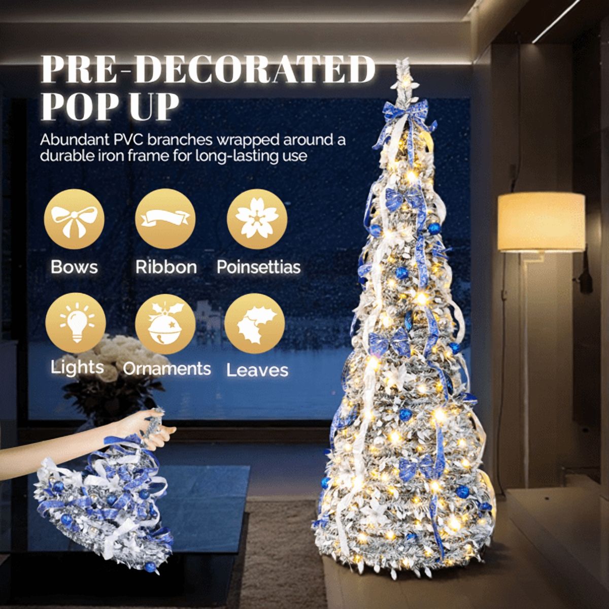 Alvantor 7 ft Fully Decorated Snow-Flocked Pre-Lit Pop-Up Christmas Tree with 200 Warm White LEDs, Remote Control, Blue and Silver Ornaments