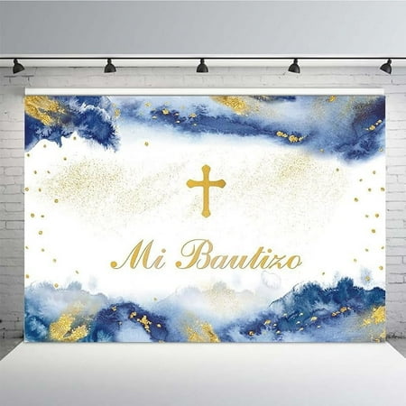 Custom 7x5ft Mi Bautizo Baptism Backdrop Mexican Gold Bless First Holy Communion Christening Banner Purple Watercolor Clouds Photography Background Party Decoration Photo Booth Props