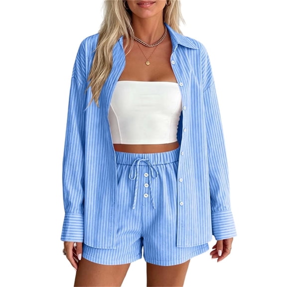 QIYAGBSA 2 Piece Outfits for Women Striped Button Down Long Sleeve Shirt and Drawstring Shorts Set Summer Matching Set (Blue, S)