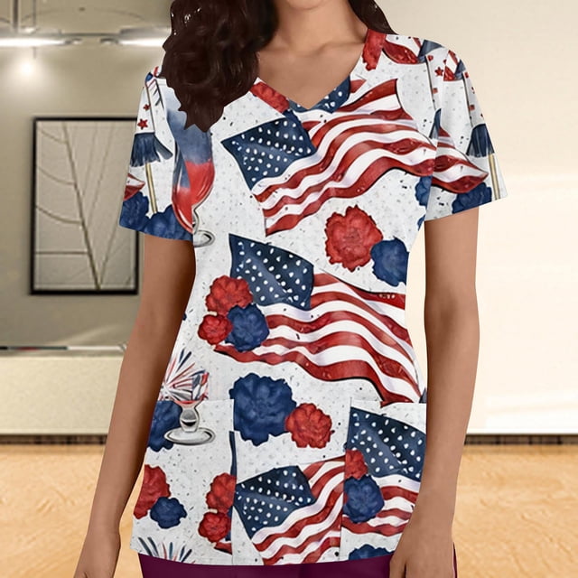 EGNMCR Blouses Médicales pour Femmes Mode Décontractée Col Rond Manches Courtes Poches T-Shirt Ample Pull Cadeaux pour Femmes