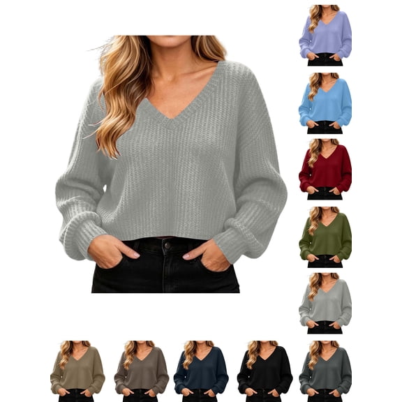 Cropped Sweater Zaewscy Women V Neck Waffle Knit Cropped Pullover Sweater Casual Long Sleeve Loose Fit Fall Winter Top Gray M