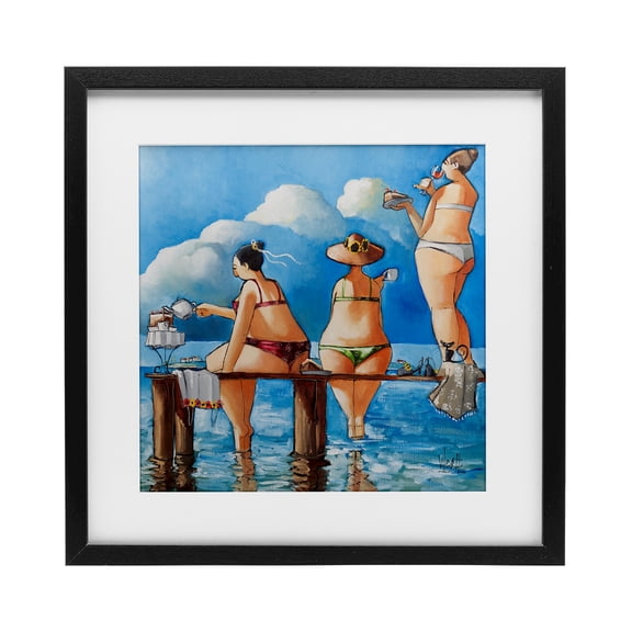 Tea Break On The Jetty Black Framed Print Under Glass, design by Ronald West