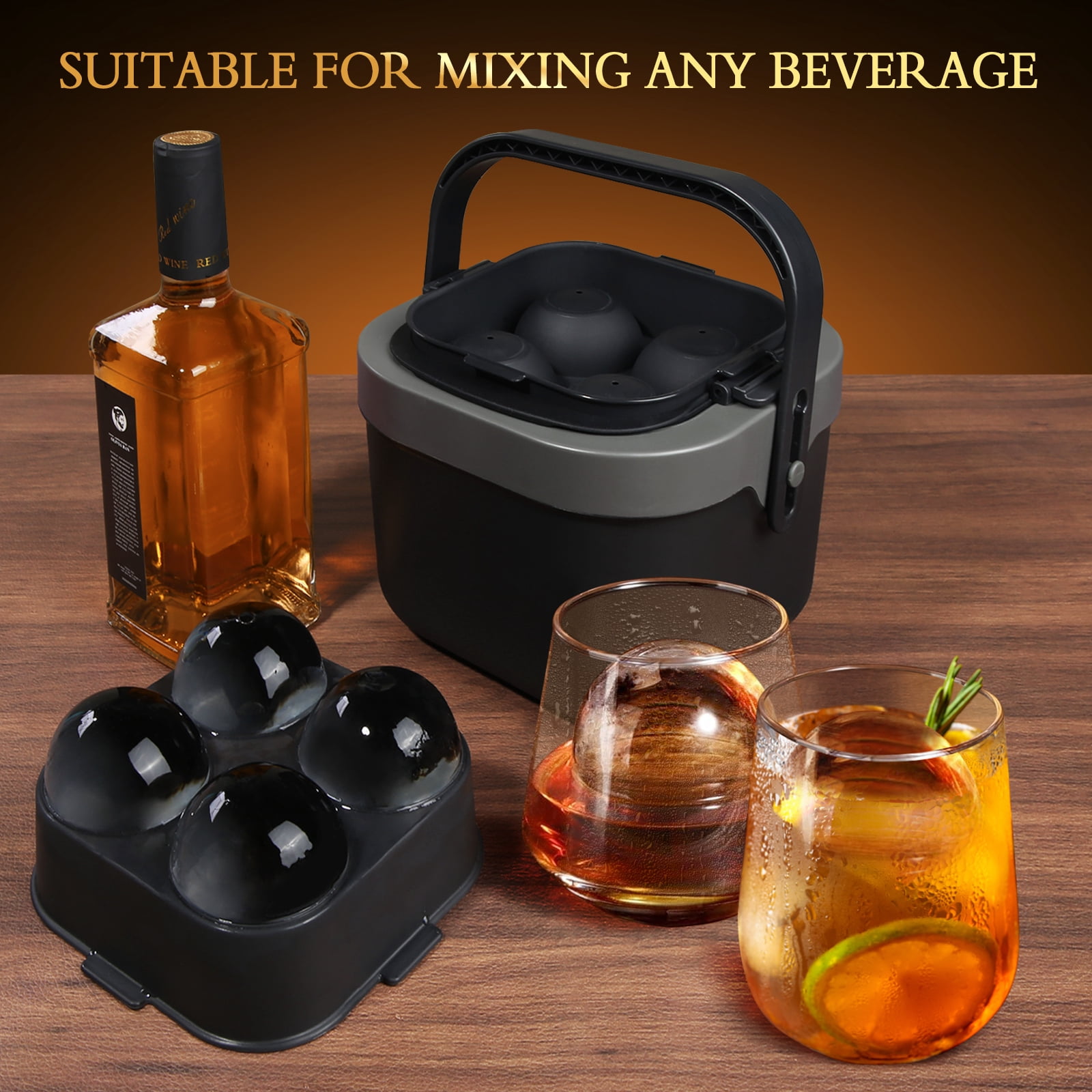 Ocalpur Clear Ice Ball Maker Mold, 4×2.4" Round Ice Balls, Silicone Tray with Lid, Easy Release for Whiskey, Black