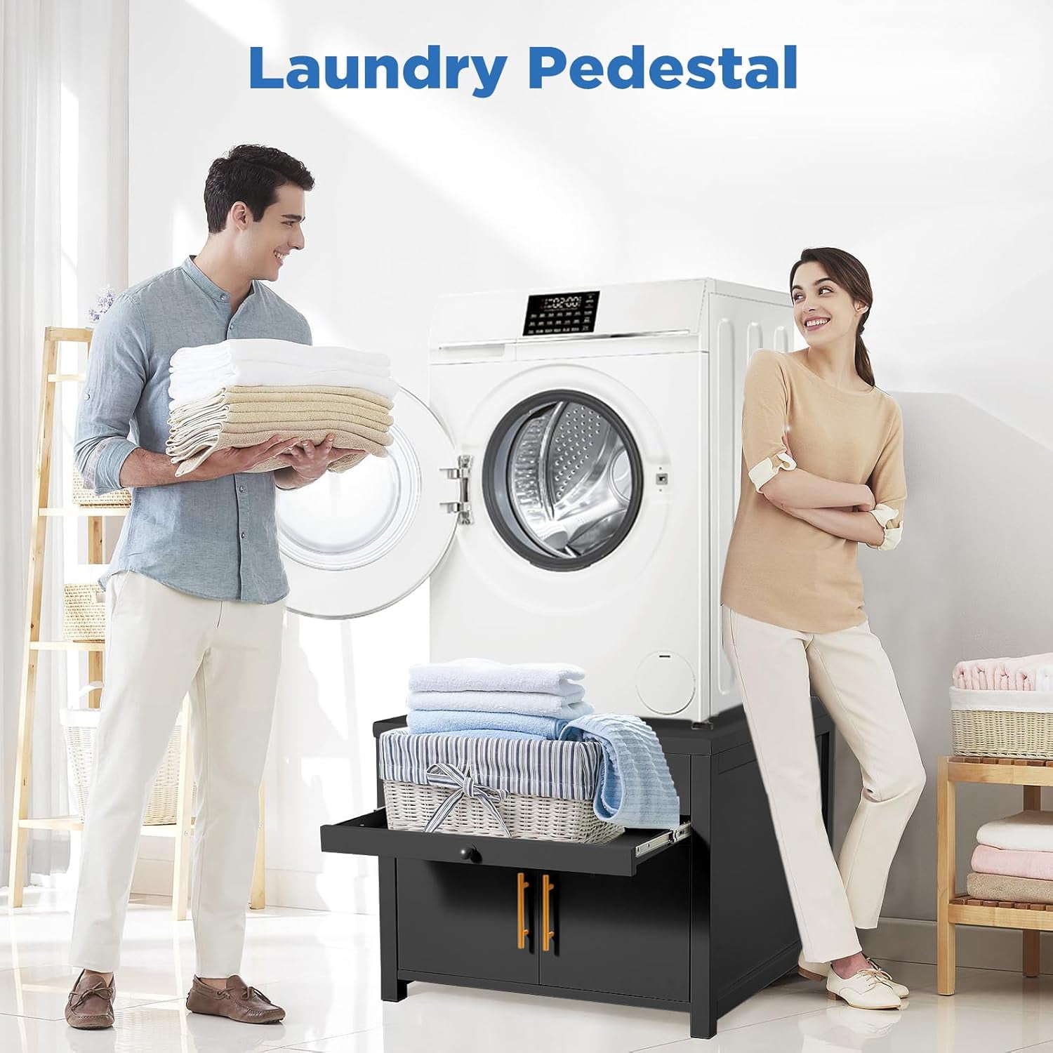 AECOJOY 700 LBS Capacity Heavy Duty Laundry Pedestal, Shock-Proof Washer Dryer Stand with Pull-Out Shelf, Hidden Storage and Drainage, Dark Black