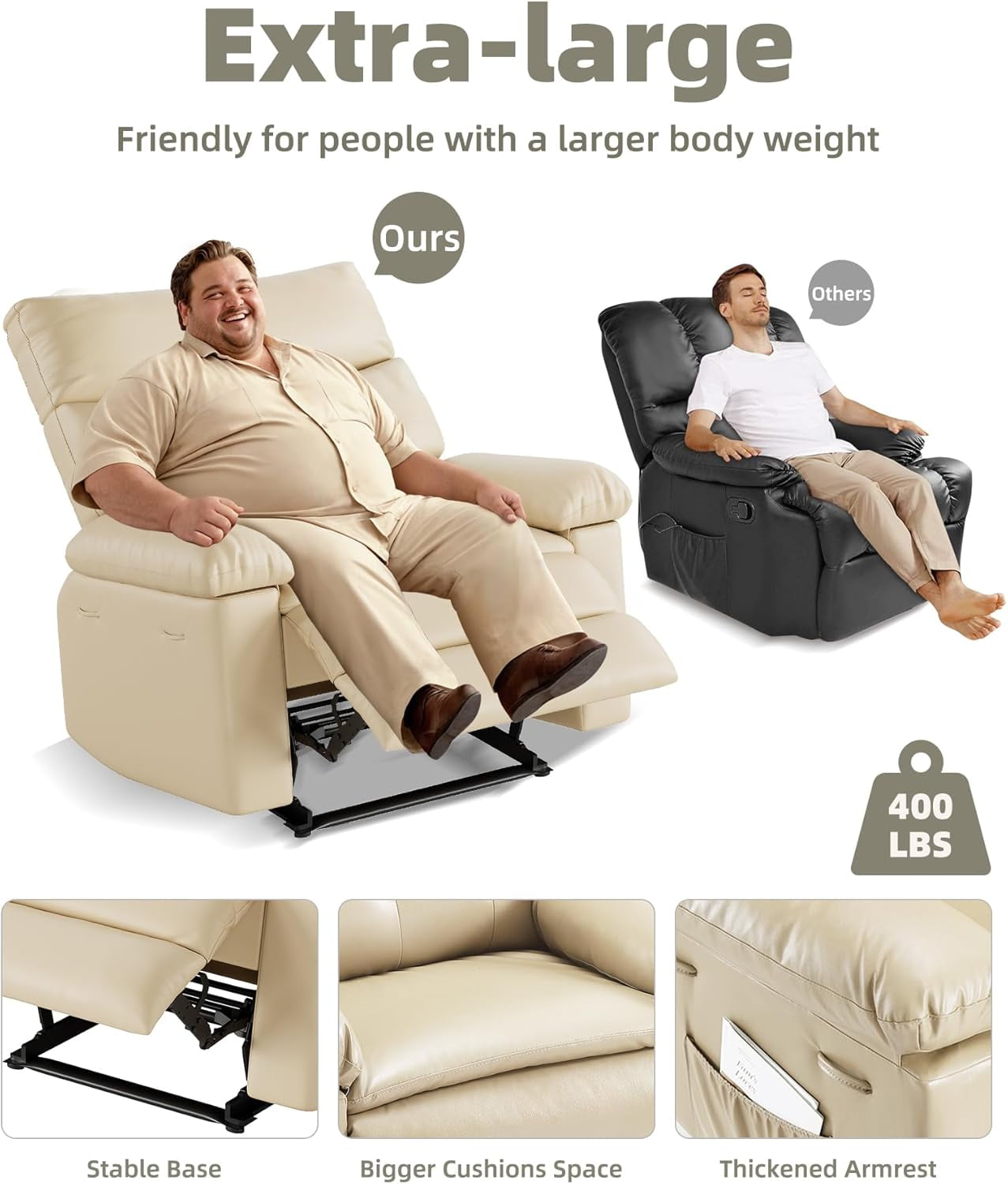 Oversized Wide Recliner Chair - Heat and Massage, PU Leather Extra Wide Manual Recliner for Adults, Large Lazy Chair with 1.5X Sponge Comfort Arm and Back for Living Room, Bedroom