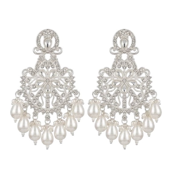 RK Art Jewelry - Crystal Chandelier Earrings with Pearl Teardrop Dangles for Bridal, Wedding & Party Wear