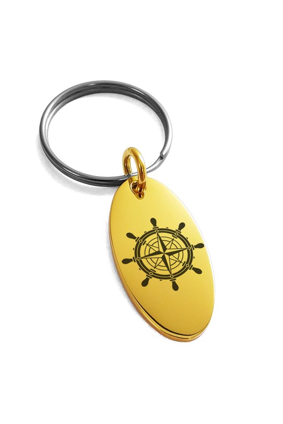 Stainless Steel Nautical Ship Helm Wheel Compass Engraved Small Oval Charm Keychain Keyring