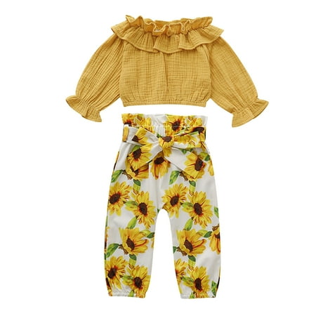 

NZRVAWS Toddler Girls Outfits 2T Girls Off The Shoulder 3T Girls Tops Sunflower Print Pants 2Pcs Fall Winter Clothes Set Yellow