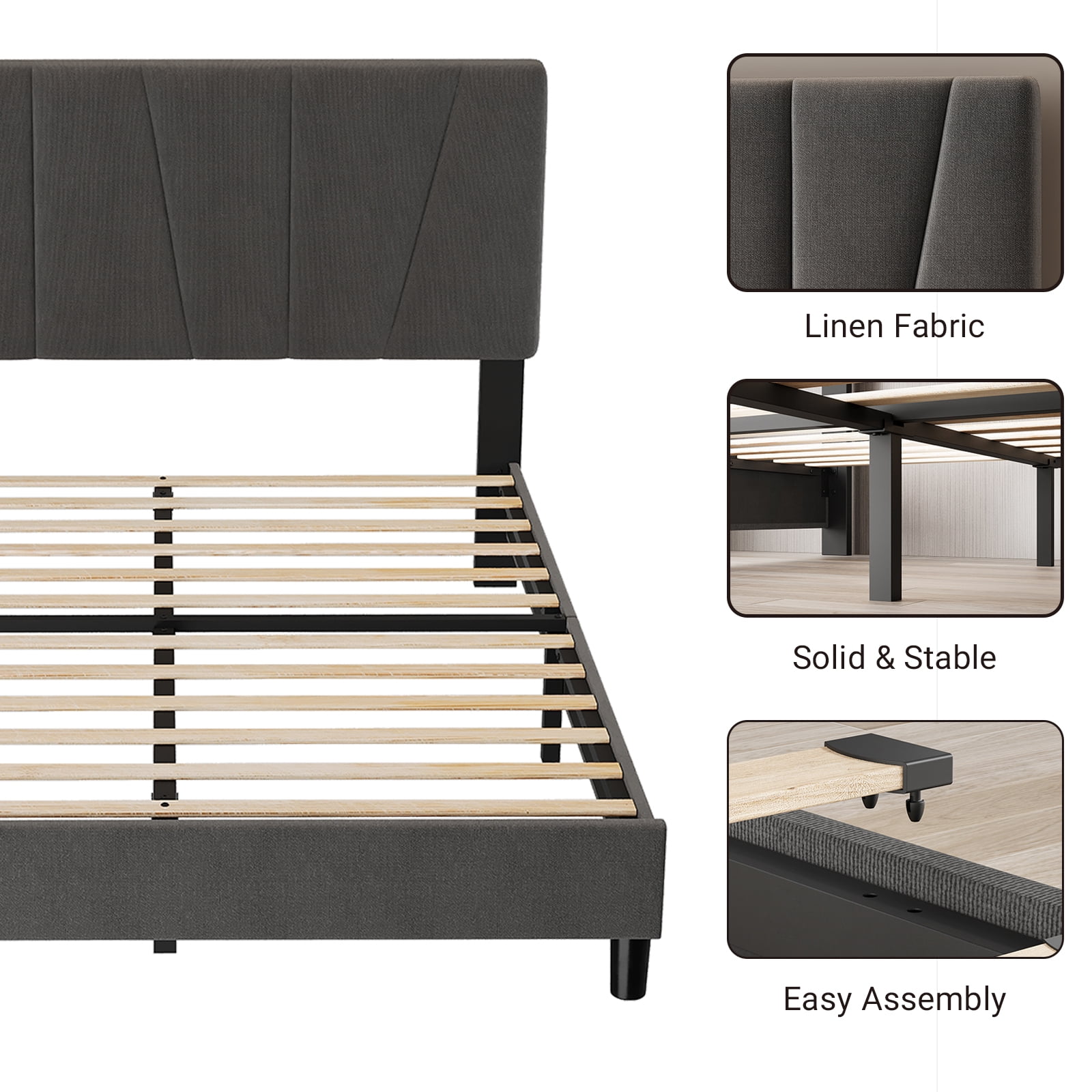 Shininglove Queen Size Platform Bed Frame, Linen Upholstered Bed Frame with Headboard, Modern Mattress Foundation with Wooden Slats Supports for Twin Bed, No Box Spring Needed, Dark Gray
