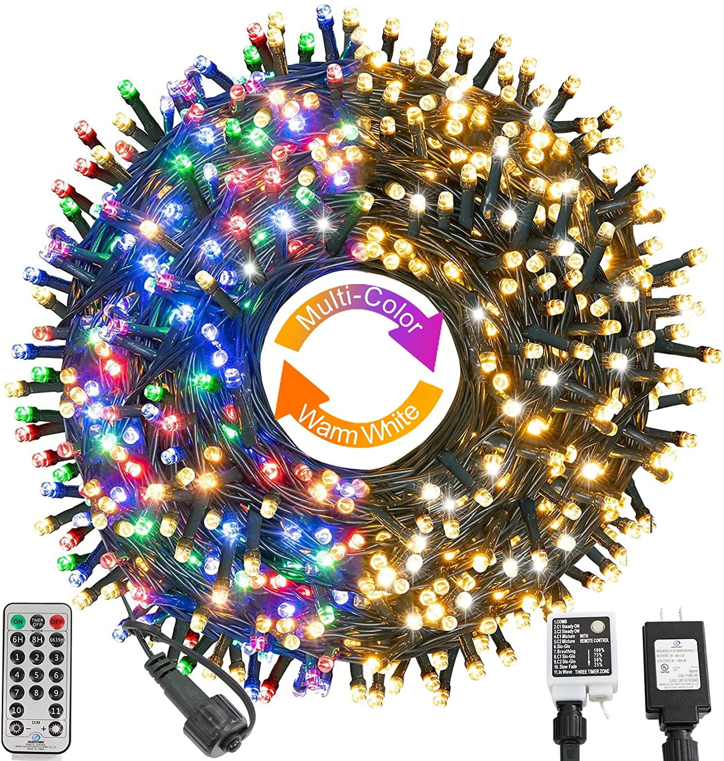 Outdoor Joomer Color Changing Christmas String Lights Warm White to Multicolor 98ft 300 LED 11 Modes Timer with Remote Connectable Christmas Decorations for Indoor Tree Yard 