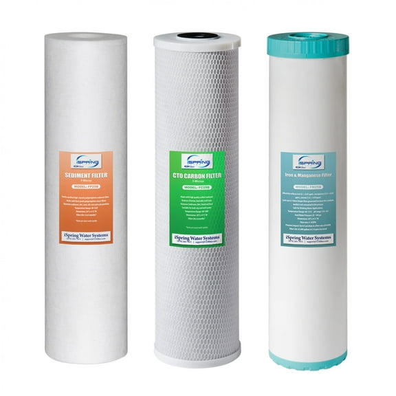 iSpring F3WGB32BM 4.5” x 20” 3-Stage Whole House Water Filter Set Replacement Pack with Sediment, CTO Carbon Block, and Iron & Manganese Reducing Cartridges Fits WGB32BM, White (Pack of 1)
