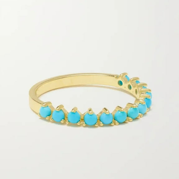 Round Cab Lab-Created Turquoise Half Eternity Wedding Band Ring in 925 Sterling Silver - Minimalist Everyday Jewelry