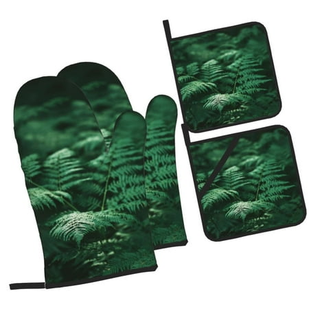 

Balery Ferns Leave Green Foliage Pattern Oven Mitts and Pot Holders 4 pcs Set Kitchen Oven Glove High Heat Resistant 500℉ Oven Mitts with Non-Slip Silicone Surface