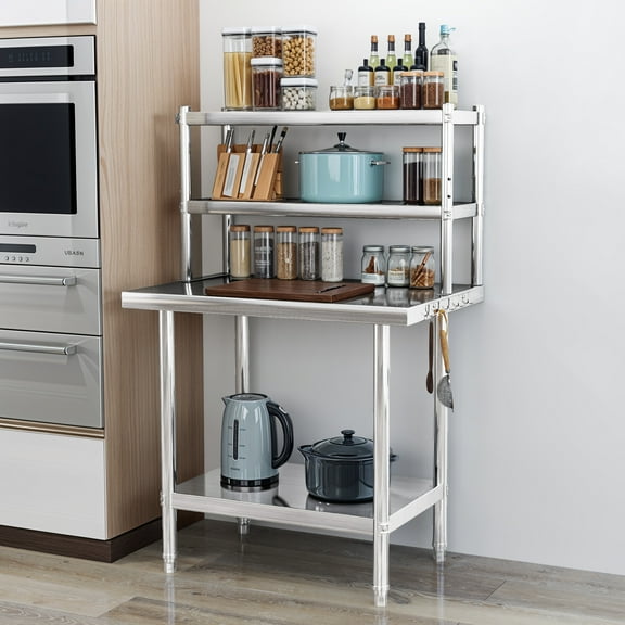 ModFusion NSF Stainless Steel Prep Table with Adjustable Overshelves, Hooks, 36" x 20", Food Storage, Metal Iron Commercial Workstation for Kitchen Restaurant Home Hotel