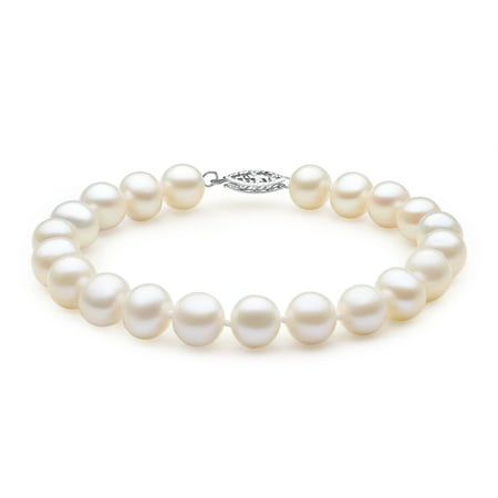 Devuggo 14K Solid White Gold Freshwater Cultured White Pearl Strand 7.5 Bracelet 8.0-8.5mm Round AAA Quality