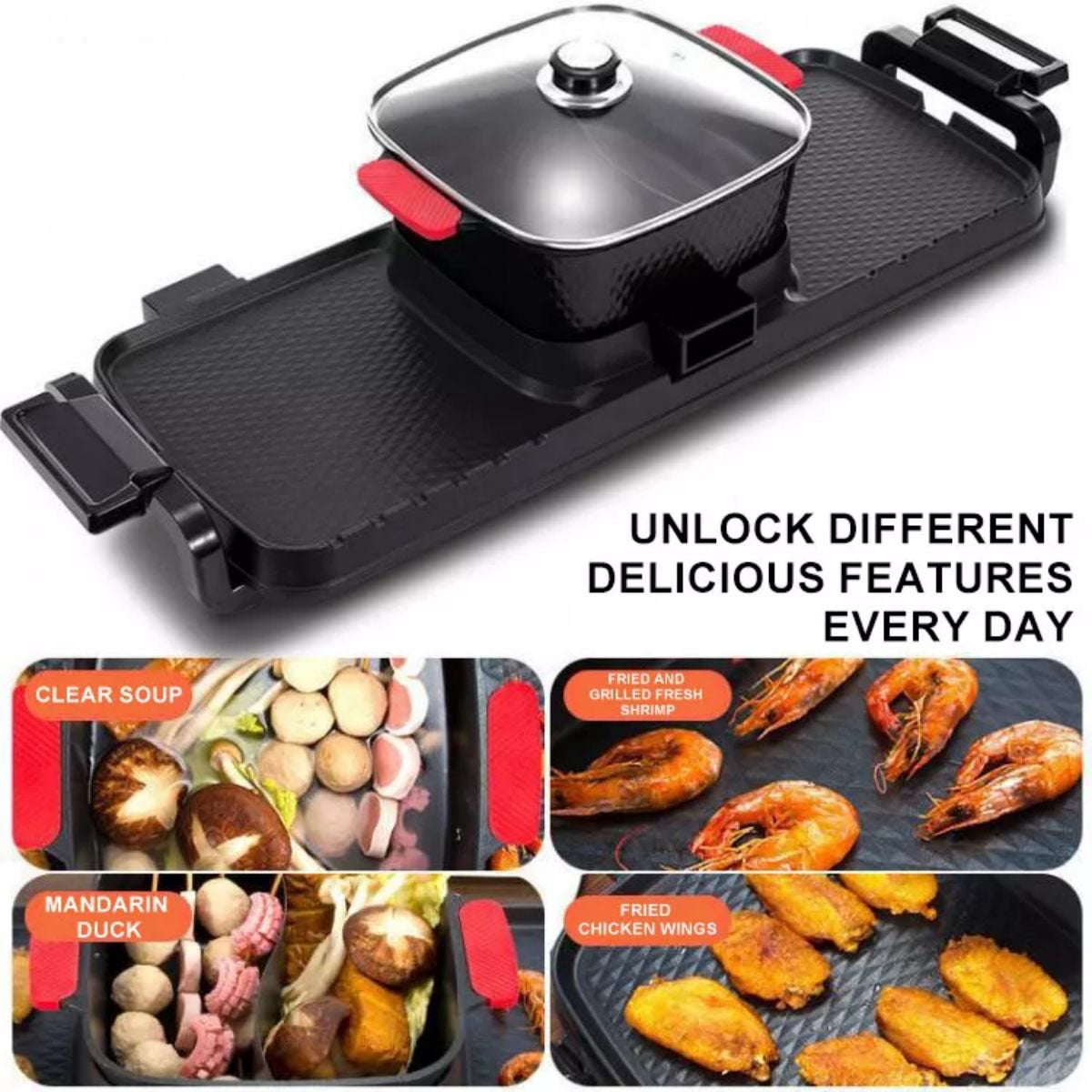 WSYW 2 in 1 Electric Grill Hot Pot Non-Stick Grill Pan Indoor Non-Stick Pan 1700W for 1-8 People