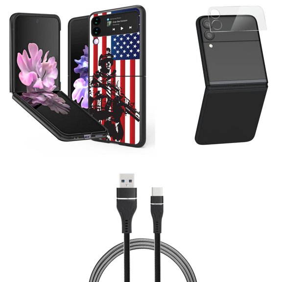 Bemz Premium Bundle for Samsung Galaxy Z Flip 3 5G: Slim Snap-On Protector Case (American Flag Soldier), Rear Camera Glass Protector, Nylon Braided USB-C to USB-A Cable (3 Feet)