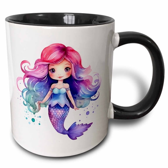 3drose, Rainbow Colors Mermaid Illustration, 15oz Two-tone Black Mug