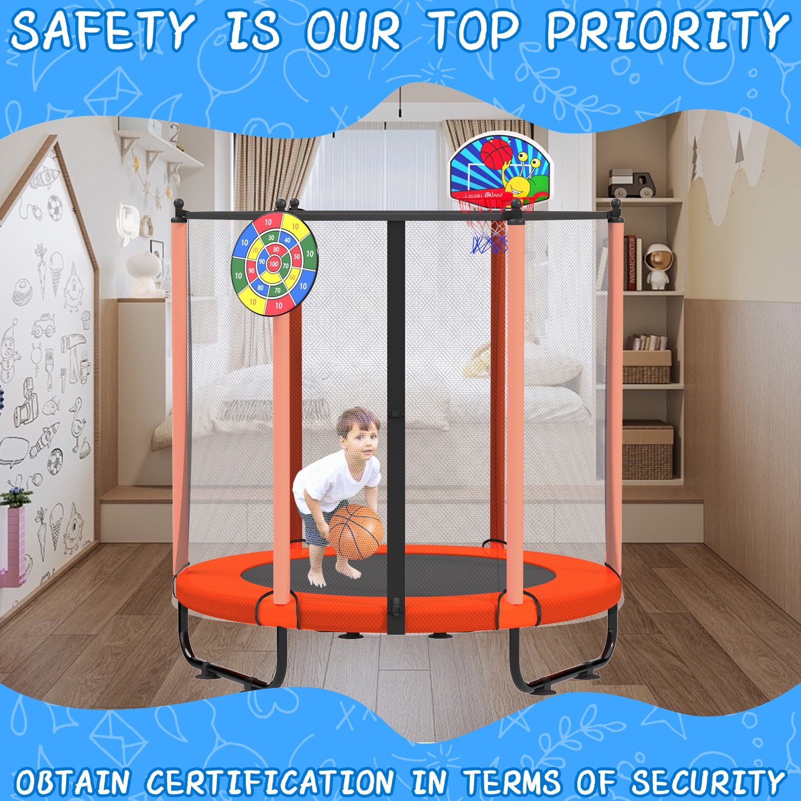 ACWARM HOME 5FT Toddler Trampoline For Kids 60" Mini Size Indoor&Outdoor With Safety Net Gift for Boys & Girls 440Lbs for Orange