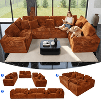 SEENYOO 135.5" Cloud Couch,Boneless Sectional Sofa for Living Room,Orange U Shaped Couch with Chaise,6-Seater,Corduroy Fabric,Freely Configurable Layout