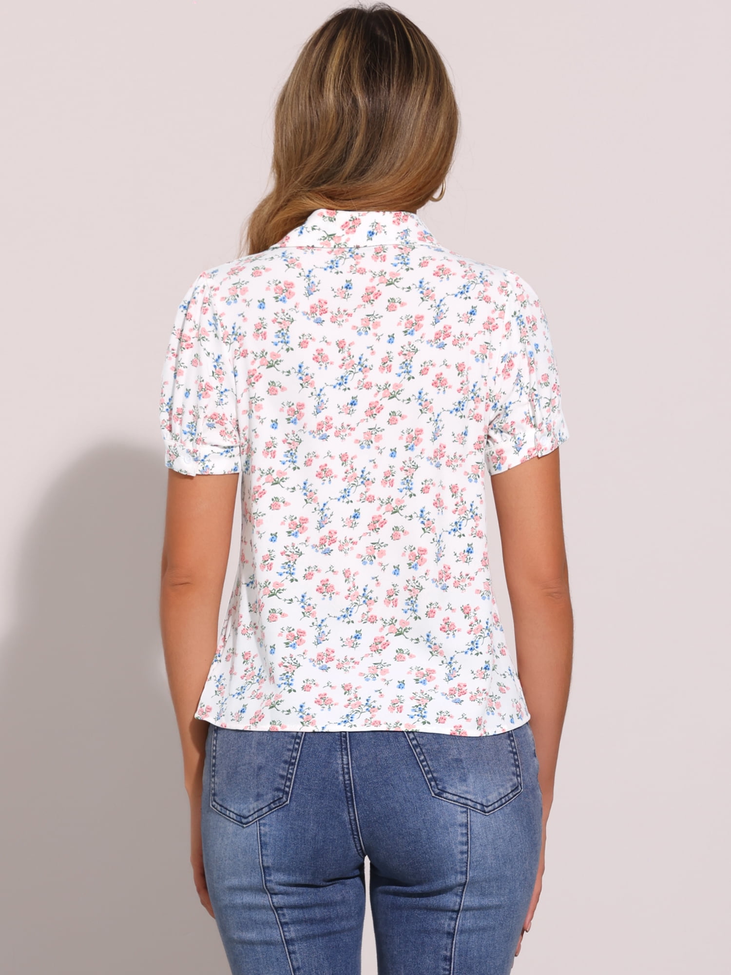 DARING DIVA Tie Bow Peter Pan Collar Chiffon Blouses XL White-Floral