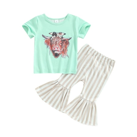 

Arvbitana Toddler Girl Set Bell Bottom Outfit Cow Print Short Sleeve T-Shirt Top Stripe Flared Pants 2PCS Set