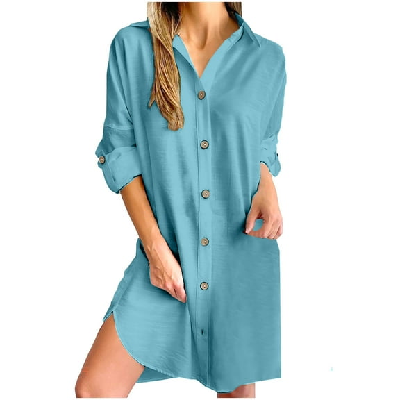 Oksale Womens Cotton Linen Dresses Button Down Mini Dress Curved Hem Lapel Dresses Roll Up Long Sleeve Dress Soft Lightweight Holiday Dresses 2025 Blue M