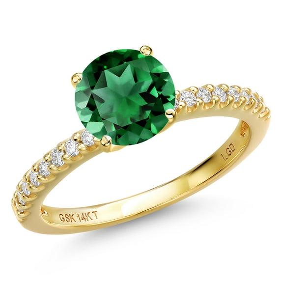 Gem Stone King 14K Yellow Gold Green Nano Emerald and Lab Grown Diamond Engagement Ring for Women | 1.81 Cttw | Round 8MM | Gemstone May Birthstone | Size 9