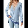thumbnail image 3 of Blusas de Otoño para Mujer, con Escote en V, Encaje, Larga, Holgadas, con Ribete de Bloques de Color, Moda 2025 Azul XL, 3 of 10