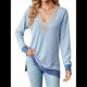thumbnail image 3 of Blusas de Otoño para Mujer, con Escote en V, Encaje, Larga, Holgadas, con Ribete de Bloques de Color, Moda 2025 Azul L, 3 of 10