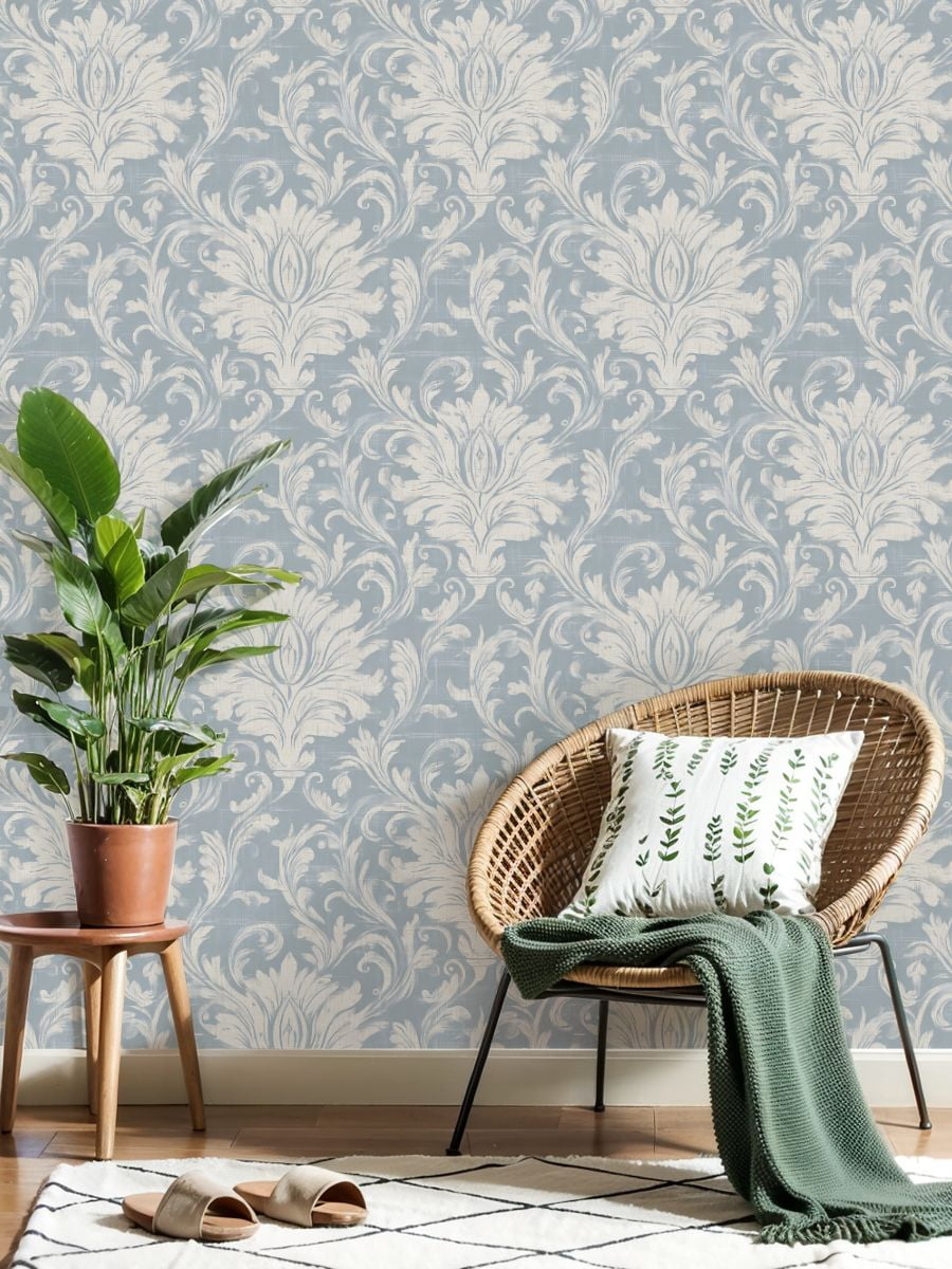 Peel and Stick Wallpaper Floral Damask Soft Blue White Tones Wall Mural 17.7in x 9.8ft Self Adhesive Removable Wall Paper Renter Friendly Wallpaper for Nursery Bedroom Cabinets