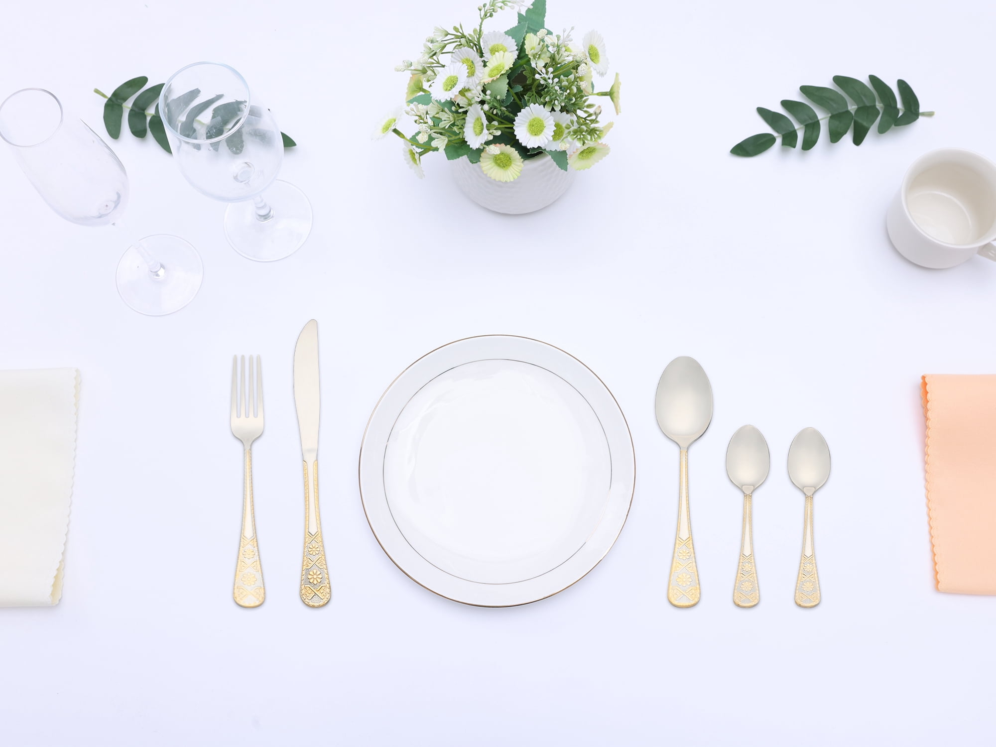 Unique Bargains 20 Piece Stainless Steel Floral Dinner Flatware Set Silver/Gold 20