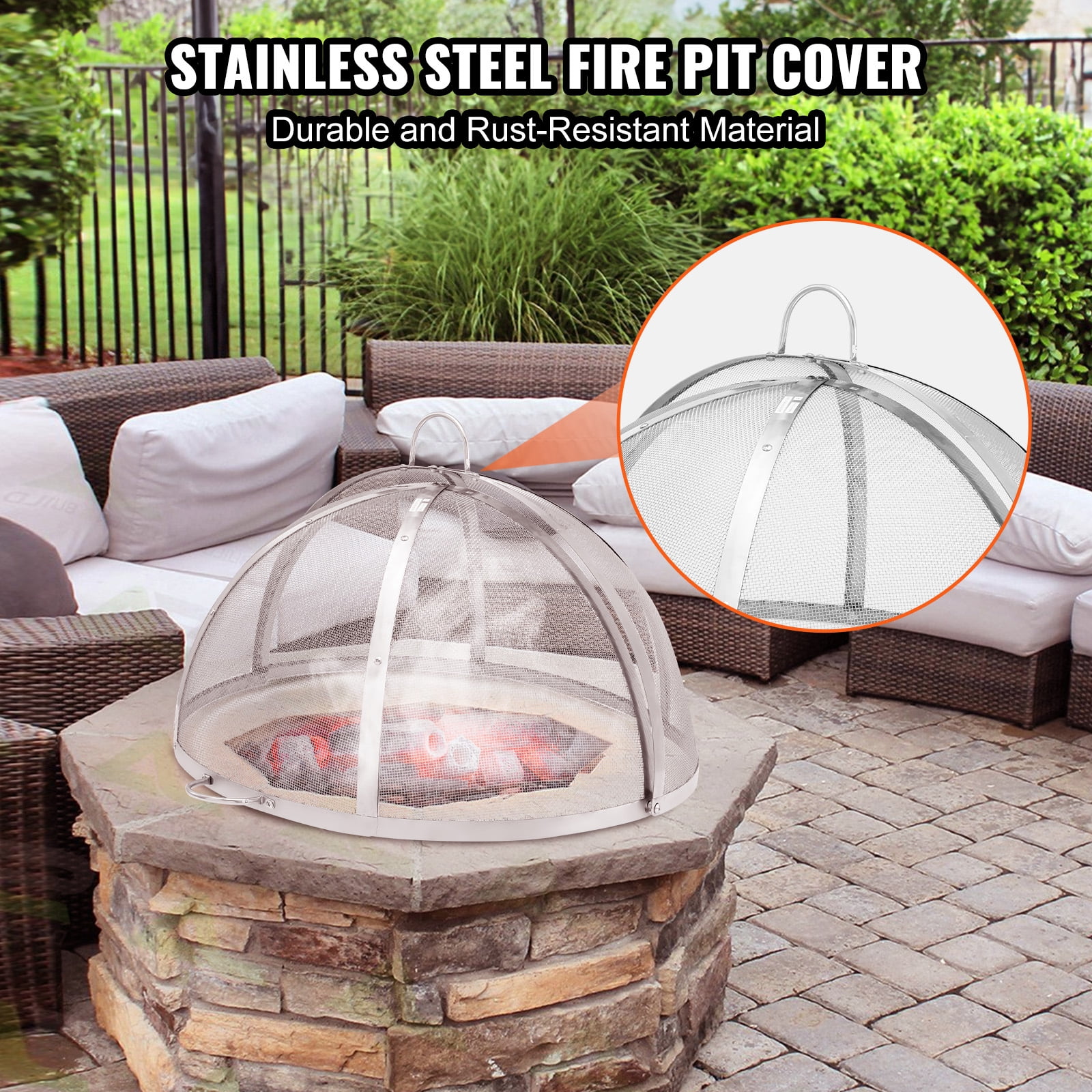 SKYSHALO Spark Guard for Firepits, 30" Size, Circular Outdoor Fire Pit Protection, Metal Lid, Stainless Steel, Simple Lift Design, for Patio and Garden Fire Bowls