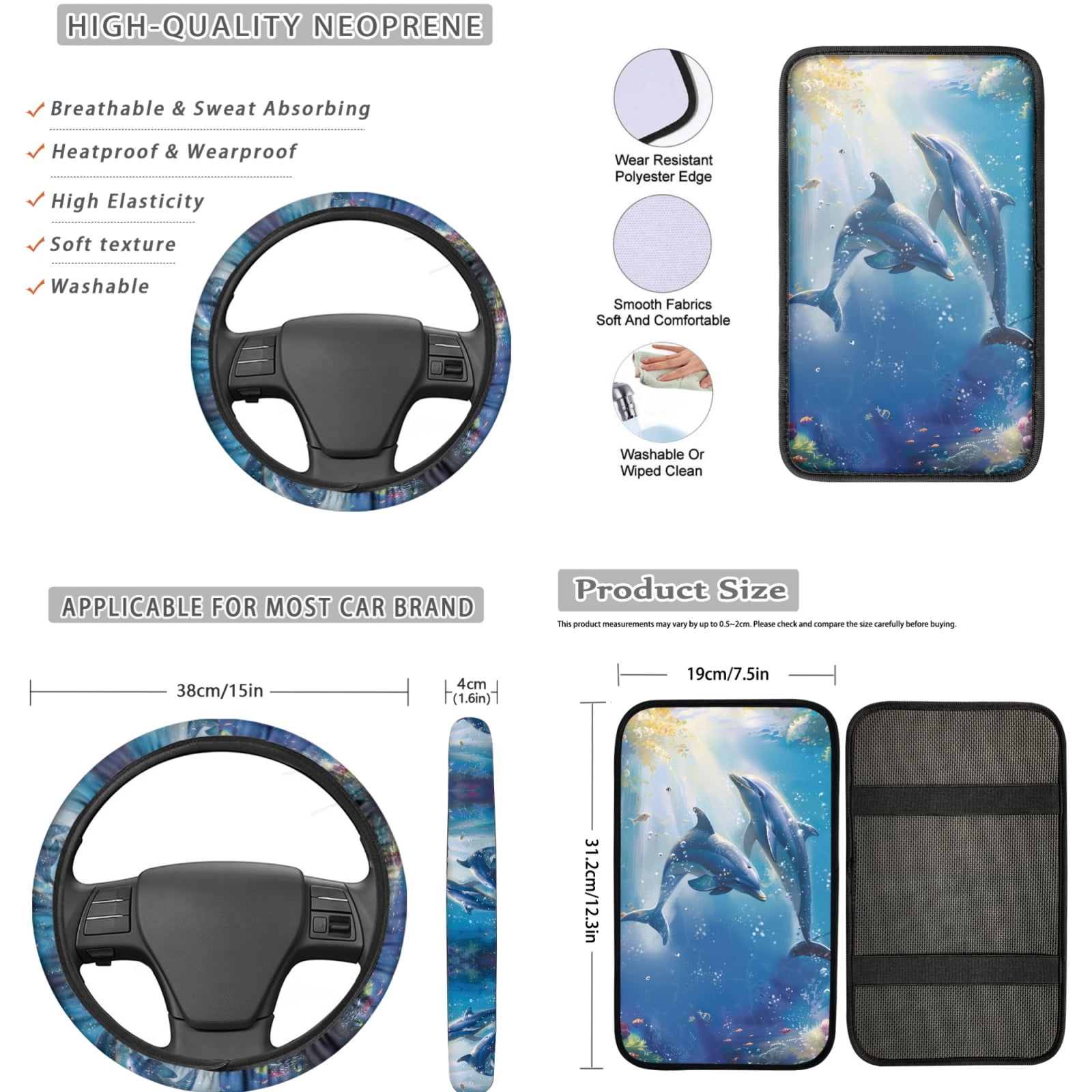 Jeiento Dolphin Car Seat Cover Full Set 17 Pack Car Floor Mats Steering Wheel Cover Keychains Seatbelt Pad Armrest Cover Cup Coasters Blue Ocean Lipstick Holder Universal Fit for SUV Sedan Van