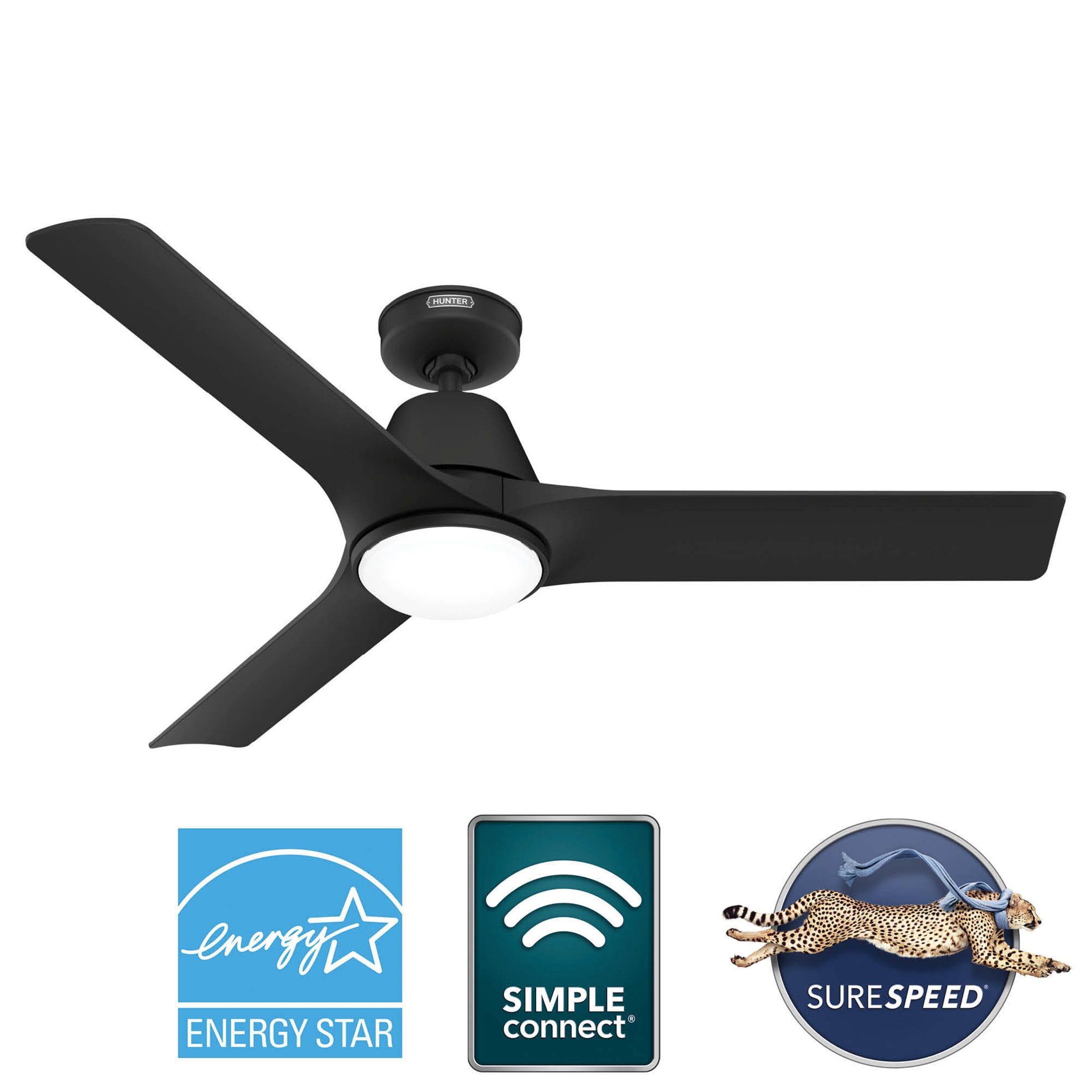 Hunter - Aeronaut  Indoor/Outdoor Ceiling Fan With Light, Remote, 52-inch, Matte Black, Modern-style, 6-speed DC Motor, Energy Star, WiFi Smarthome, 52927, for Porches, Bathrooms