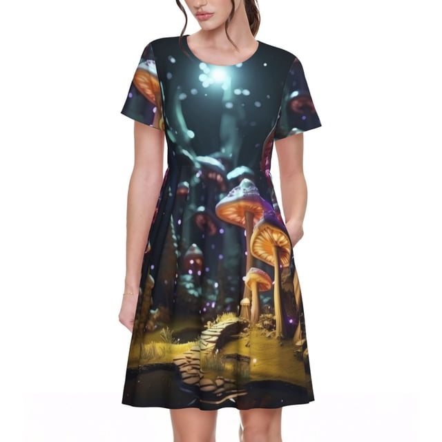 Vsdgher Robe de Plage Violette à Champignon Lumineux pour Femmes Été 2025 Décontractée Midi Maxi Légère à Manches Courtes à Col Rond