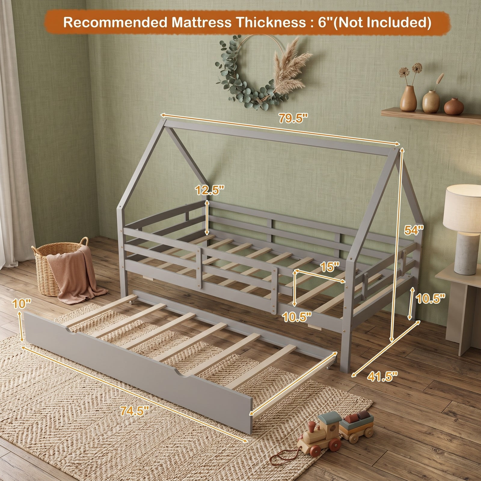 Furnibear Twin Bed Frame, House Bed with Pull Out Trundle and Fence Rail Guards, Montessori Floor Bed with Slat Support for Kids Room, Gray