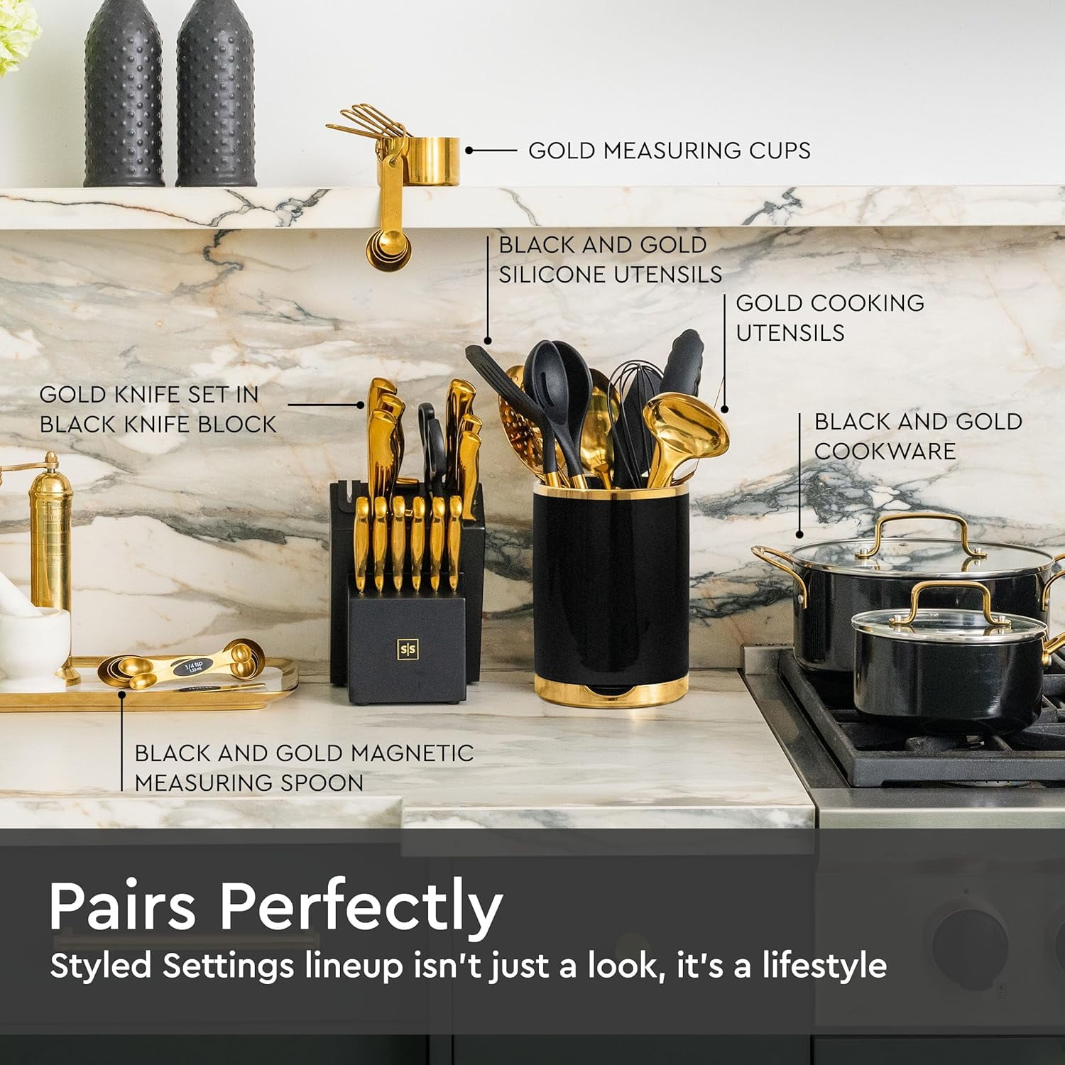 Styled Settings Black and Gold Utensil Holder with Built-in Spoon Rest - 2 PC Large Ceramic Utensil Holder Includes Black & Gold Spoon Rest