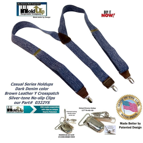 Holdup Brand USA made Dark Denim Casual Series Suspenders are 1 1/2" wide with Y-back style and Patented No-slip Silver Clips