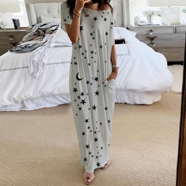 UANWENN Robe de Nuit Maxi à Manches Courtes Imprimée Décontractée à Épaules Inclinées pour Femmes Chemises de Nuit pour Femmes Longue Grande Taille Robe de Nuit Chemise de Sommeil d'Été Vêtements de Nuit pour Femmes Sommeil Taille Longue Femmes