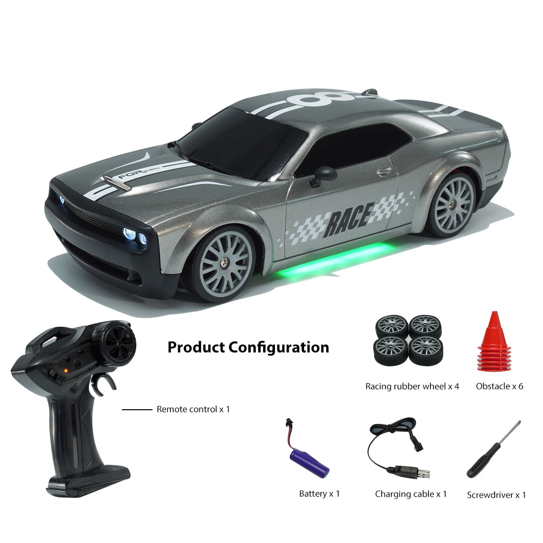 1:20 Scale 4WD RC Drift Car, 2.4GHz Remote Control Racing Car, 20km/h High Speed with LED Lights, Alloy & Plastic Construction, for Adults and Hobbyists FQD15 Silver Gray