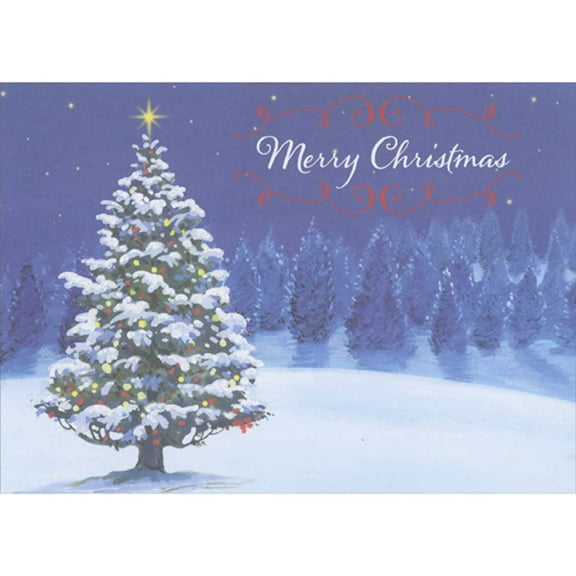 Designer Greetings Single Evergreen Tree on Hill with Forest of Blue Evergreens Box of 15 Christmas Cards