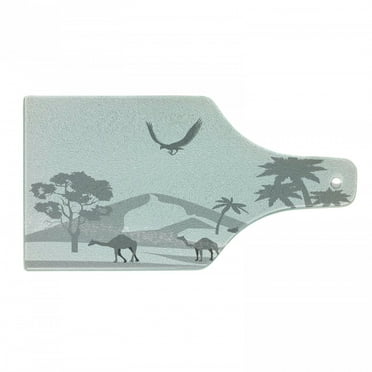 Oasis Cutting Board, Monochromatic Style Greyscale View of Desert Creatures and Sand Dunes, Decorative Tempered Glass Cutting and Serving Board, in 3 Sizes, by Ambesonne