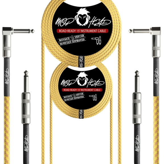 Mophead 15 Foot Double Insulated and Road Ready Braided 1/4 in TS to 1/4 in TS Guitar and Bass Instrument Cable Bundle 2 Pack Right Angle Yellow & Brown