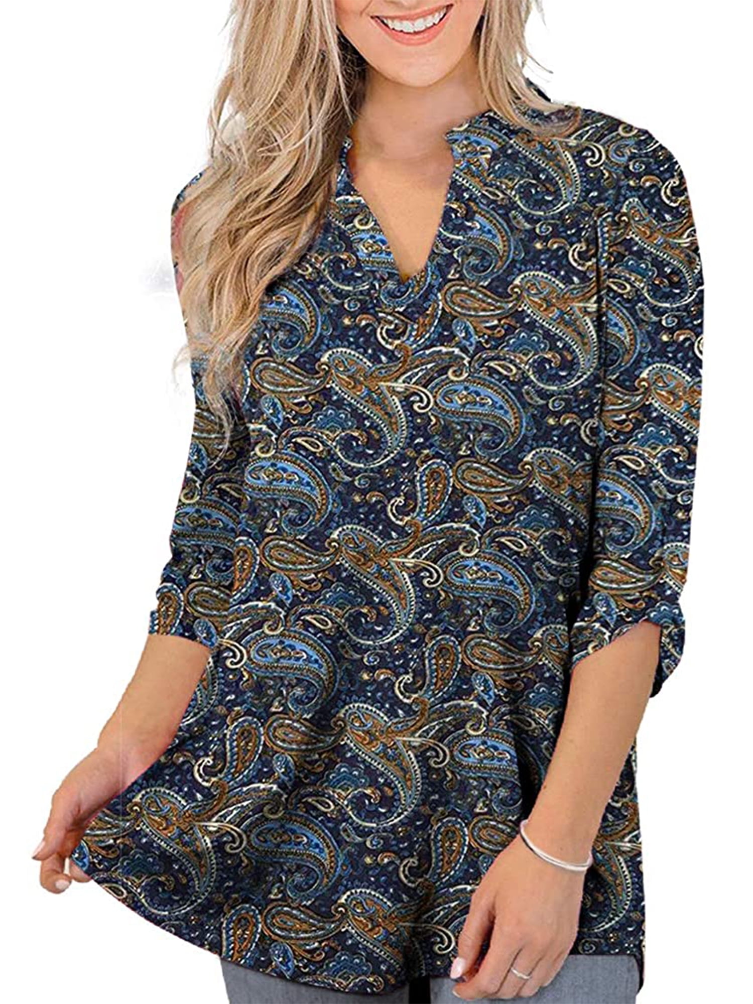 3/4 Sleeve Shirts for Women Fashion Print Loose Fit Casual Comfy V Neck Summer Plus Size Pullover Tops